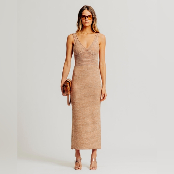 Ronny Kobo Collection Dresses & Skirts - Ronny Kobo knitted tan midi dress with low back Sz S - Flawed